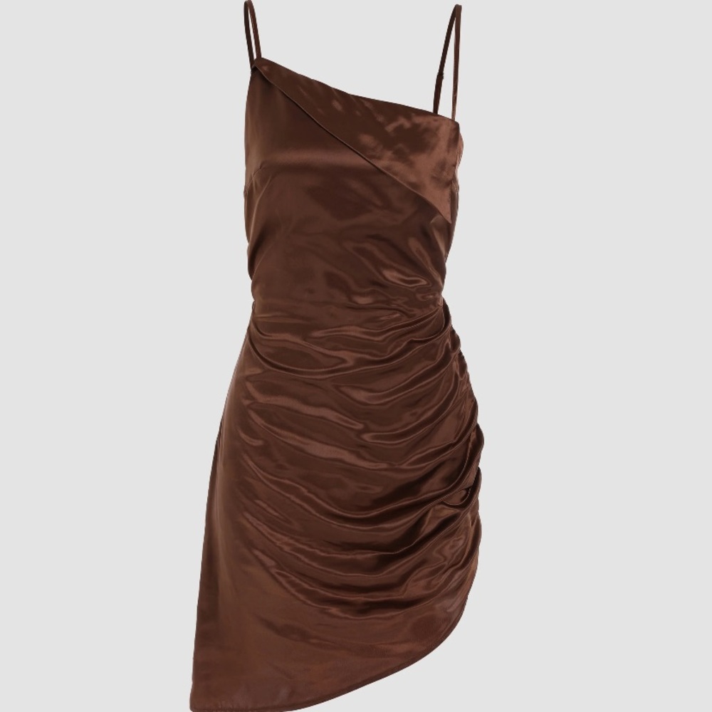 Brown satin asymmetrical mini dress